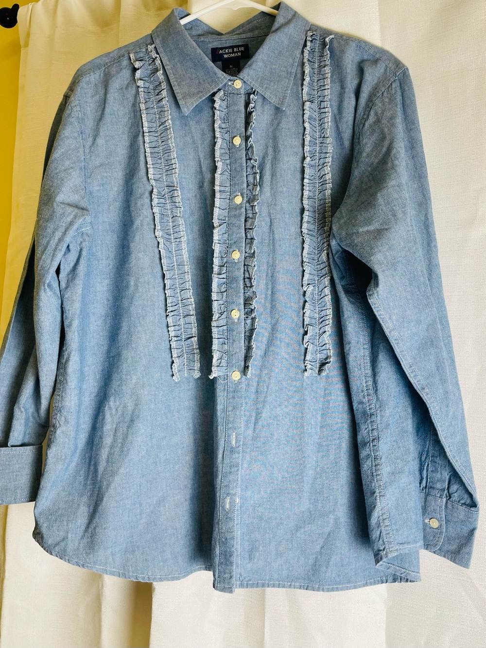 Light Blue Ruffle-Front Button-Down Shirt -